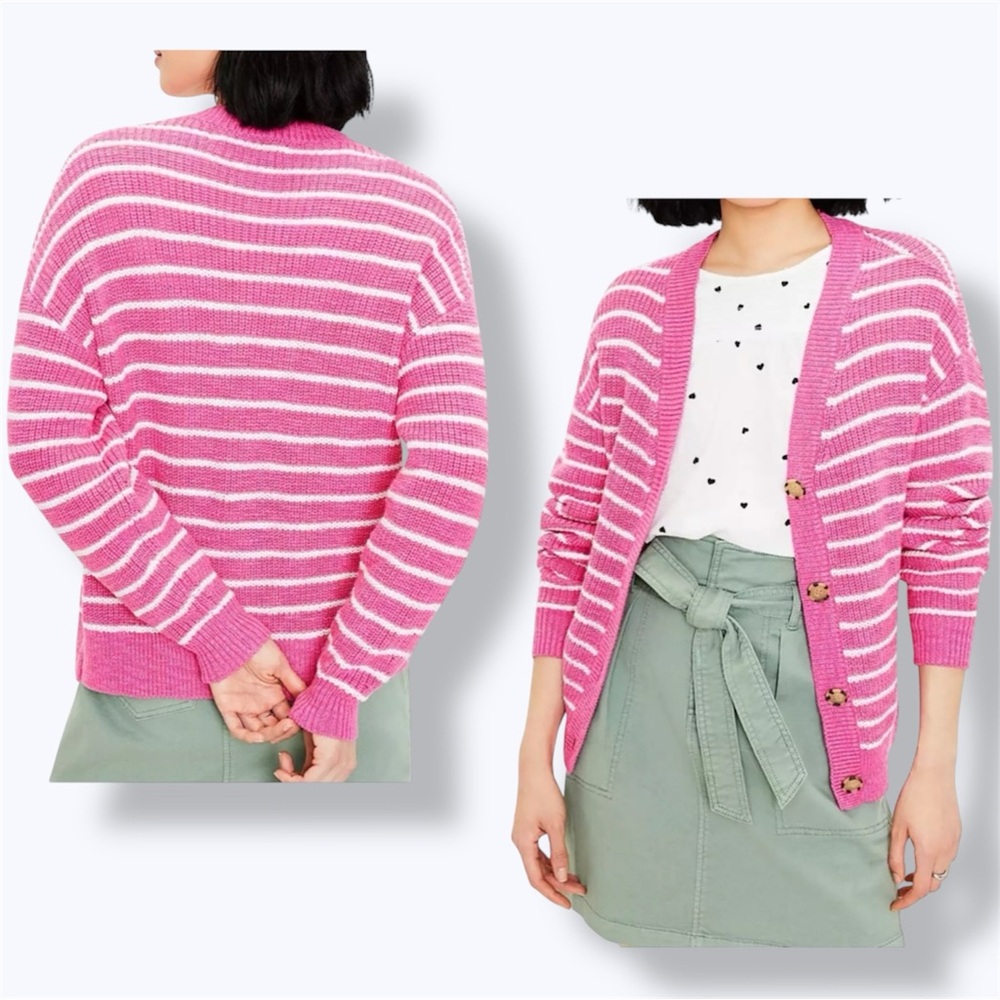 Loft Striped Relaxed V-Neck Cardigan Sweater